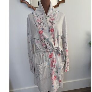 Wrap Up by VP Floral Print Plush Spa Robe Women's Open Front Beige Made in USA
